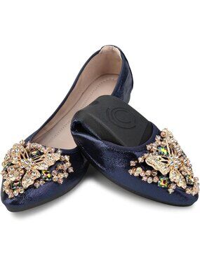 🆕 Women's Foldable Ballet Flats Navy Gold Butterfly Rhinestone Shoes